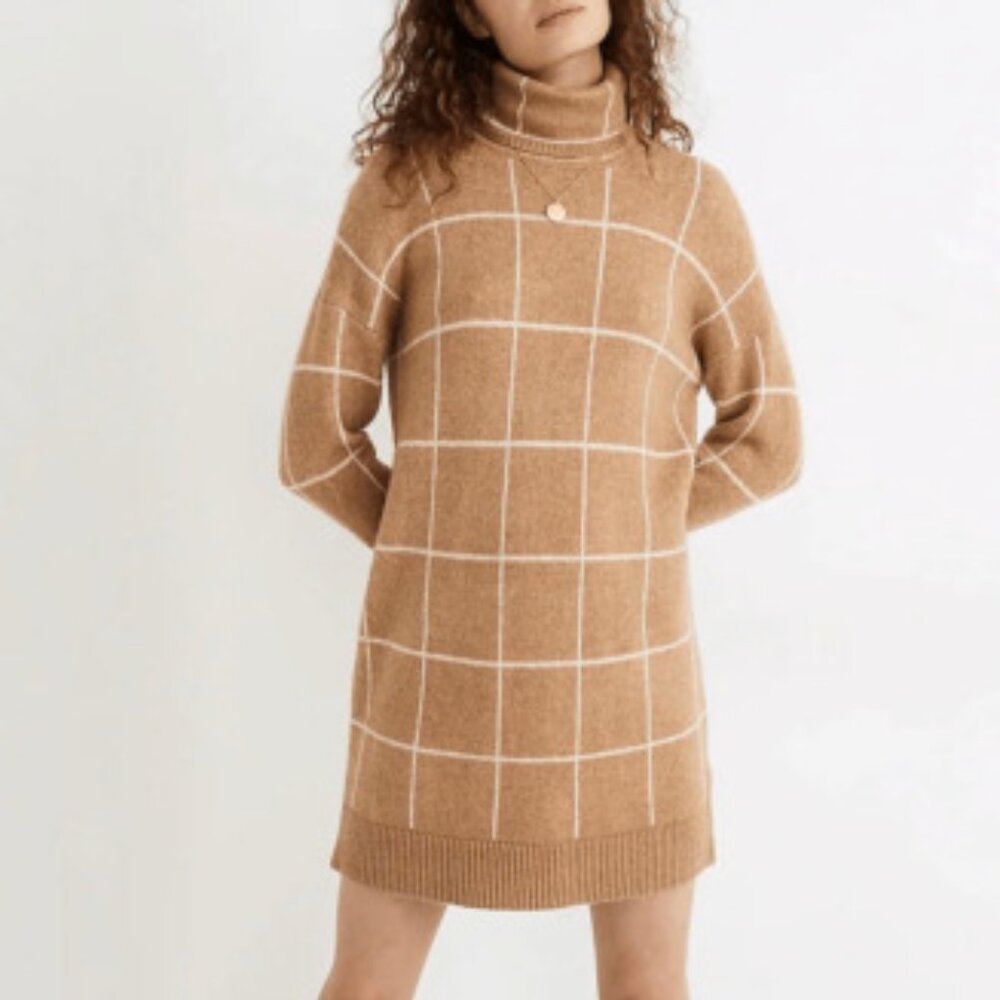 Madewell WIndowpane Turtleneck sweater dress,tan - large